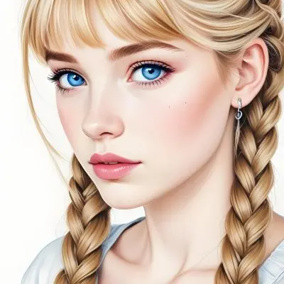A Caucasian Girl Age 17 With Fair Skin Blue Eyes Braided Blonde Hair Wearing Earrings Light Pink Lipstick In A White Background 9 88fd