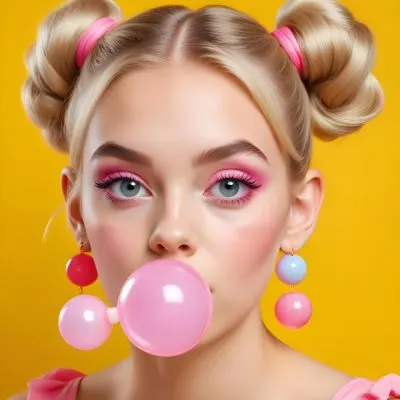 A Caucasian Girl Age 22 Blonde Hair In Two Buns Blowing A Bubble With A Bubblegum Pink Earrings Colorful Makeup Yellow Background 32 130f