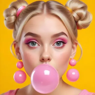 A Caucasian Girl Age 22 Blonde Hair In Two Buns Blowing A Bubble With A Bubblegum Pink Earrings Colorful Makeup Yellow Background 45 3274