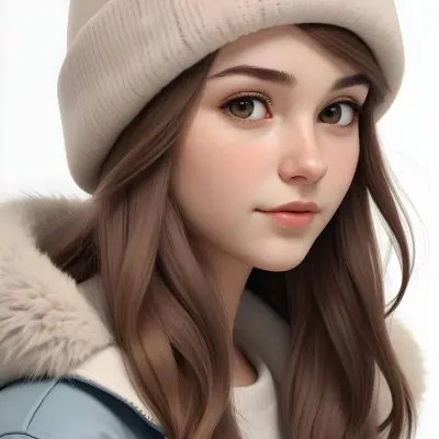 A Caucasian Girl With Fair Skin 19 Years Old Long Brown Hair Wearing A White Beanie And A Jacket With Fur Collar In A White Background 13 609e