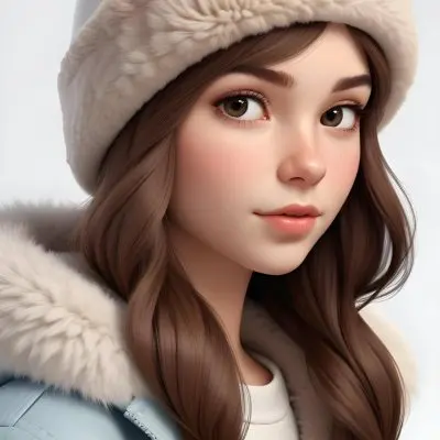 A Caucasian Girl With Fair Skin 19 Years Old Long Brown Hair Wearing A White Beanie And A Jacket With Fur Collar In A White Background 15 525e