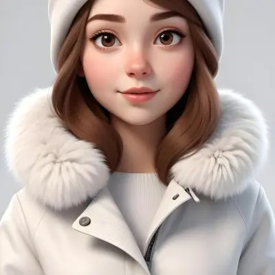 A Caucasian Girl With Fair Skin 19 Years Old Long Brown Hair Wearing A White Beanie And A Jacket With Fur Collar In A White Background 2 4fab