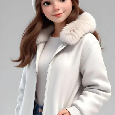 A Caucasian Girl With Fair Skin 19 Years Old Long Brown Hair Wearing A White Beanie And A Jacket With Fur Collar In A White Background 20 10cc