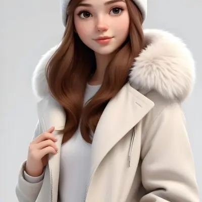 A Caucasian Girl With Fair Skin 19 Years Old Long Brown Hair Wearing A White Beanie And A Jacket With Fur Collar In A White Background 3 77a7