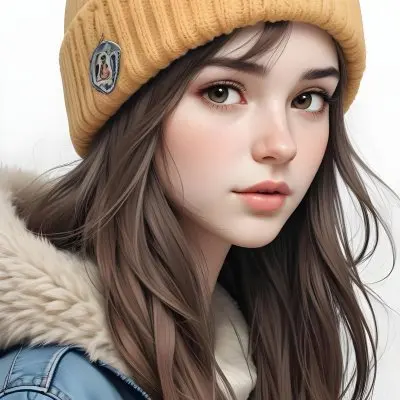 A Caucasian Girl With Fair Skin 19 Years Old Long Brown Hair Wearing A White Beanie And A Jacket With Fur Collar In A White Background 4 473d