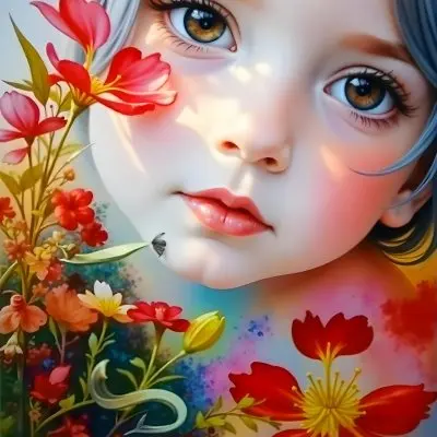 A Caucasian Girl With Fair Skin 7 Years Old Light Blue Hair Looking At Camera With Flowers In A Colorful Background Watercolor Style Soft Colors High Detail 10 C6b8 84a3