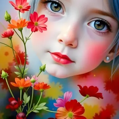 A Caucasian Girl With Fair Skin 7 Years Old Light Blue Hair Looking At Camera With Flowers In A Colorful Background Watercolor Style Soft Colors High Detail 15 0841