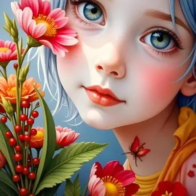 A Caucasian Girl With Fair Skin 7 Years Old Light Blue Hair Looking At Camera With Flowers In A Colorful Background Watercolor Style Soft Colors High Detail 23 Dd1b Eda5