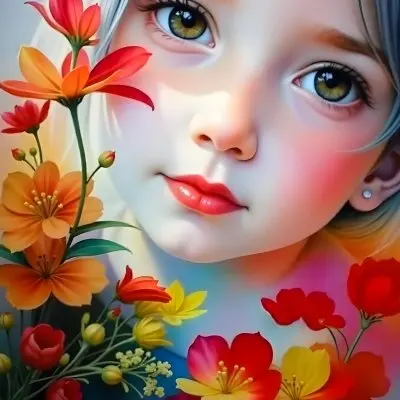 A Caucasian Girl With Fair Skin 7 Years Old Light Blue Hair Looking At Camera With Flowers In A Colorful Background Watercolor Style Soft Colors High Detail 4 5152 E8e5