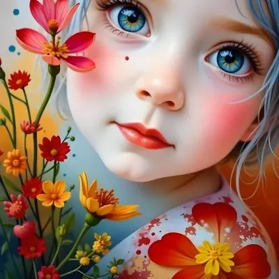A Caucasian Girl With Fair Skin 7 Years Old Light Blue Hair Looking At Camera With Flowers In A Colorful Background Watercolor Style Soft Colors High Detail 6 B422 Cad9
