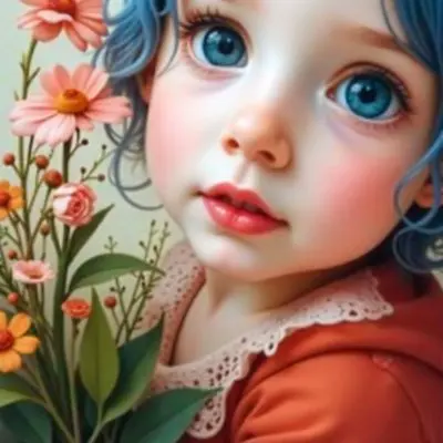 A Caucasian Girl With Fair Skin 7 Years Old Light Blue Hair Looking At Camera With Flowers In A Colorful Background Watercolor Style Soft Colors High Detail 8 0fa7