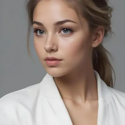 A Caucasian Woman 21 Years Old Light Skin Blonde Hair In A Ponytail Wearing A White Jacket In A Grey Background 1 8887