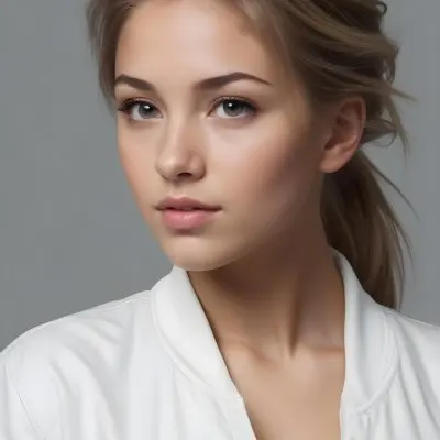 A Caucasian Woman 21 Years Old Light Skin Blonde Hair In A Ponytail Wearing A White Jacket In A Grey Background 13 56a5