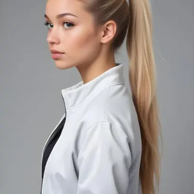 A Caucasian Woman 21 Years Old Light Skin Blonde Hair In A Ponytail Wearing A White Jacket In A Grey Background 14 Caa0