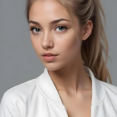 A Caucasian Woman 21 Years Old Light Skin Blonde Hair In A Ponytail Wearing A White Jacket In A Grey Background 3 6dc7
