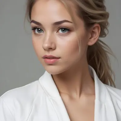 A Caucasian Woman 21 Years Old Light Skin Blonde Hair In A Ponytail Wearing A White Jacket In A Grey Background 5 965a
