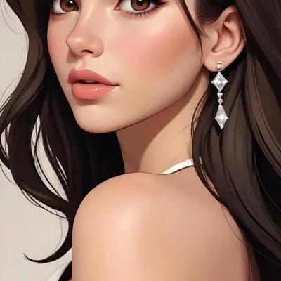 A Caucasian Woman 22 Years Old Long Brown Hair Brown Eyes Wearing Diamond Earrings Light Skin In A White Dress Brown Blush Brown Lips Plain Background 20 C0b7