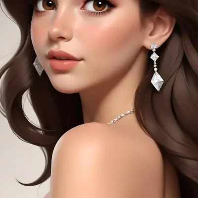 A Caucasian Woman 22 Years Old Long Brown Hair Brown Eyes Wearing Diamond Earrings Light Skin In A White Dress Brown Blush Brown Lips Plain Background 36 01fb