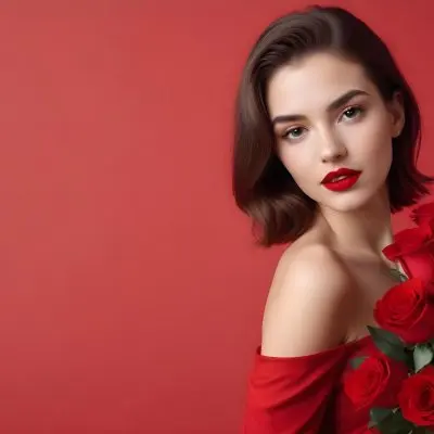 A Caucasian Woman 22 Years Old Red Lipstick Holding Red Roses In A Red Background 14 F495