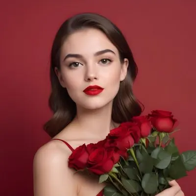 A Caucasian Woman 22 Years Old Red Lipstick Holding Red Roses In A Red Background 24 948c