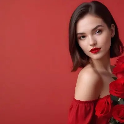 A Caucasian Woman 22 Years Old Red Lipstick Holding Red Roses In A Red Background 4 A15d