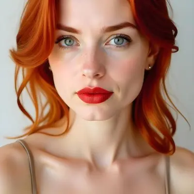 A Caucasian Woman 22 Years Old With Red Hair And Red Eyes Red Lips Earrings Light Skin In A White Background 1 A8c5