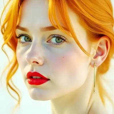 A Caucasian Woman 22 Years Old With Red Hair And Red Eyes Red Lips Earrings Light Skin In A White Background 14 F47e
