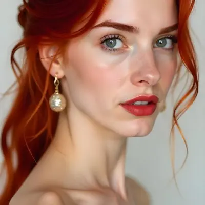 A Caucasian Woman 22 Years Old With Red Hair And Red Eyes Red Lips Earrings Light Skin In A White Background 17 Ccf0