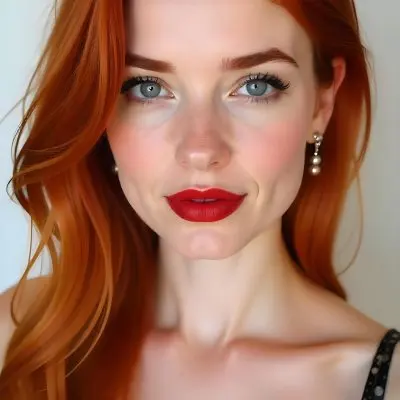 A Caucasian Woman 22 Years Old With Red Hair And Red Eyes Red Lips Earrings Light Skin In A White Background 19 0791