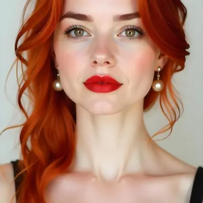 A Caucasian Woman 22 Years Old With Red Hair And Red Eyes Red Lips Earrings Light Skin In A White Background 20 Ce9b