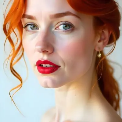 A Caucasian Woman 22 Years Old With Red Hair And Red Eyes Red Lips Earrings Light Skin In A White Background 21 Bf2c