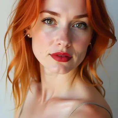 A Caucasian Woman 22 Years Old With Red Hair And Red Eyes Red Lips Earrings Light Skin In A White Background 22 11ab