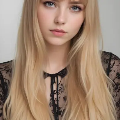 A Caucasian Woman 23 Years Old Blonde Long Hair With Bangs Wearing A Black Lace Shirt In A White Background 10 D7c4