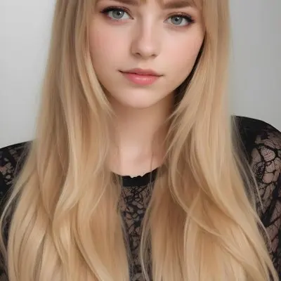 A Caucasian Woman 23 Years Old Blonde Long Hair With Bangs Wearing A Black Lace Shirt In A White Background 12 6c63