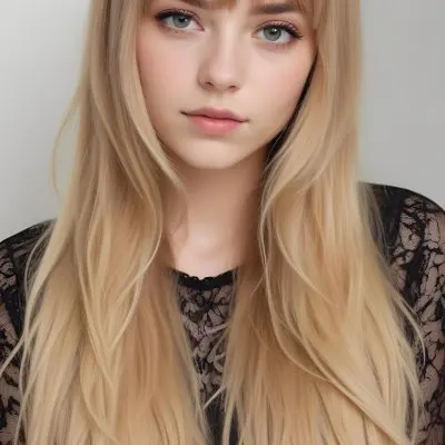 A Caucasian Woman 23 Years Old Blonde Long Hair With Bangs Wearing A Black Lace Shirt In A White Background 34 14b7
