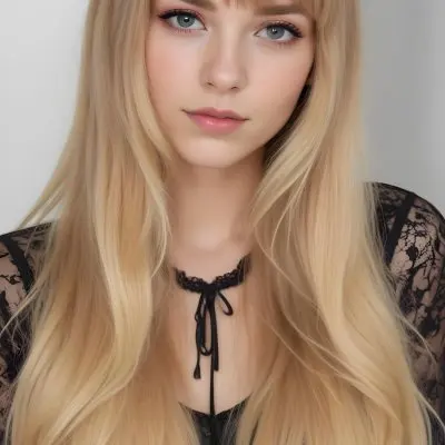 A Caucasian Woman 23 Years Old Blonde Long Hair With Bangs Wearing A Black Lace Shirt In A White Background 36 5ac6