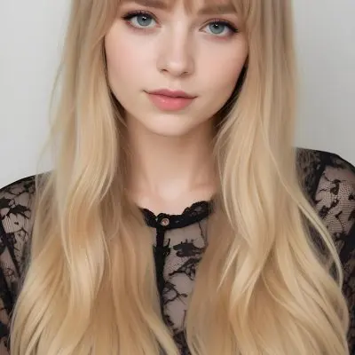 A Caucasian Woman 23 Years Old Blonde Long Hair With Bangs Wearing A Black Lace Shirt In A White Background 40 061e