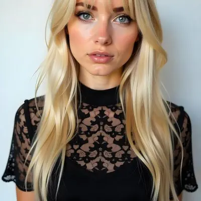 A Caucasian Woman 23 Years Old Blonde Long Hair With Bangs Wearing A Black Lace Shirt In A White Background 47 1c9a