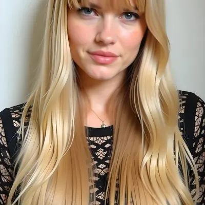 A Caucasian Woman 23 Years Old Blonde Long Hair With Bangs Wearing A Black Lace Shirt In A White Background 49 B5e4