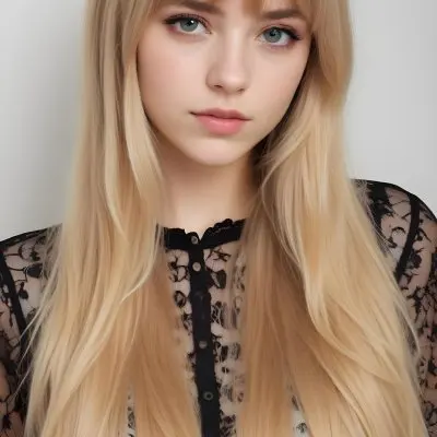 A Caucasian Woman 23 Years Old Blonde Long Hair With Bangs Wearing A Black Lace Shirt In A White Background 52 6f81