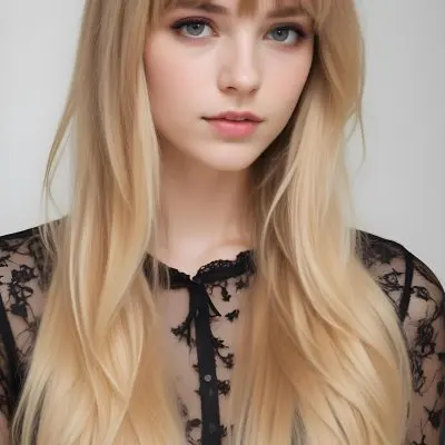 A Caucasian Woman 23 Years Old Blonde Long Hair With Bangs Wearing A Black Lace Shirt In A White Background 58 287f