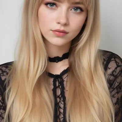 A Caucasian Woman 23 Years Old Blonde Long Hair With Bangs Wearing A Black Lace Shirt In A White Background 69 8f9d