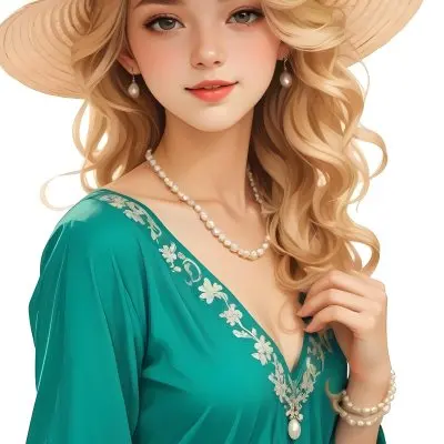 A Caucasian Woman 23 Years Old Blonde Wavy Hair Wearing A White Dress A Pearl Necklace And A Big Hat In A White Background 16 0b7a