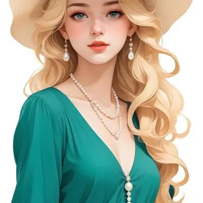 A Caucasian Woman 23 Years Old Blonde Wavy Hair Wearing A White Dress A Pearl Necklace And A Big Hat In A White Background 17 8948