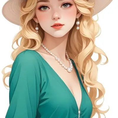 A Caucasian Woman 23 Years Old Blonde Wavy Hair Wearing A White Dress A Pearl Necklace And A Big Hat In A White Background 19 71cb