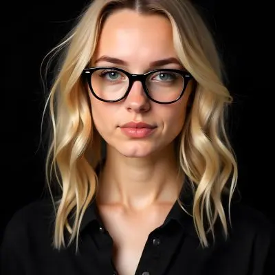A Caucasian Woman 23 Years Old Blonde Wavy Hair Wearing Black Glasses And A Black Shirt Isolated On Black Background 11 Bbba