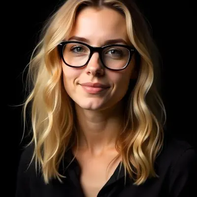 A Caucasian Woman 23 Years Old Blonde Wavy Hair Wearing Black Glasses And A Black Shirt Isolated On Black Background 17 8d3e