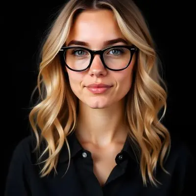 A Caucasian Woman 23 Years Old Blonde Wavy Hair Wearing Black Glasses And A Black Shirt Isolated On Black Background 21 C429