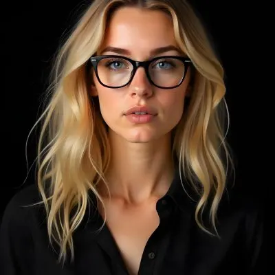 A Caucasian Woman 23 Years Old Blonde Wavy Hair Wearing Black Glasses And A Black Shirt Isolated On Black Background 3 E1fe