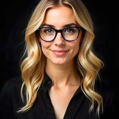 A Caucasian Woman 23 Years Old Blonde Wavy Hair Wearing Black Glasses And A Black Shirt Isolated On Black Background 5 1b04